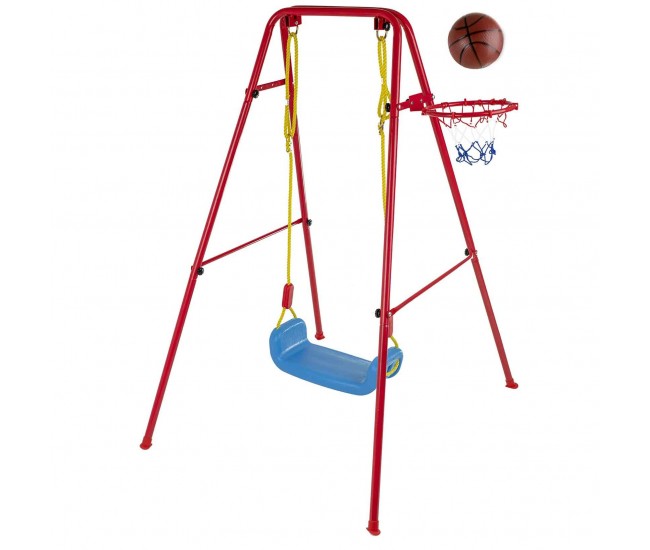 Set de gradina 3in1 pentru copii, Leagan + Cos de Baschet + Minge, cadru metalic, culoare Rosu Set de gradina 3in1 pentru copii, Leagan + Cos de Baschet + Minge, cadru metalic, culoare Rosu