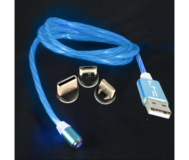 Cablu 1m 3in1 tip c/iphone/micro usb iluminat led albastru Cablu 1m 3in1 tip c/iphone/micro usb iluminat led albastru