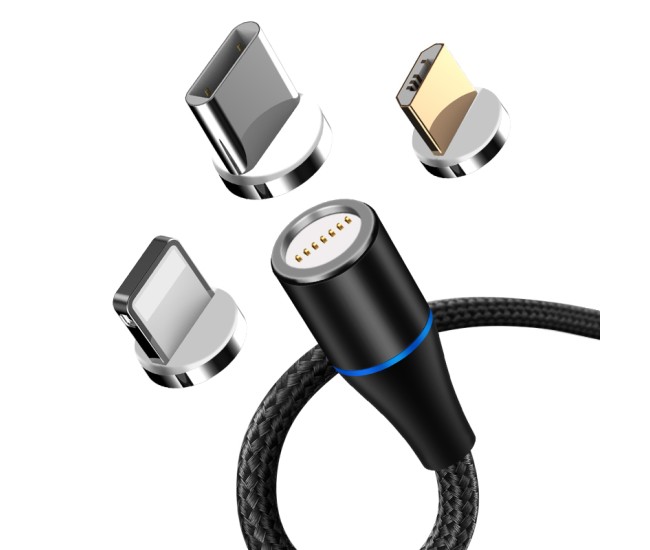 Cablu magnetic 3in1 usb-c/lightning/micro usb 1m 3a - negru
