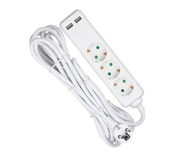 Prelungitor 3 cai + 2usb 5m(3g1.5mm2) alb Prelungitor 3 cai + 2usb 5m(3g1.5mm2) alb