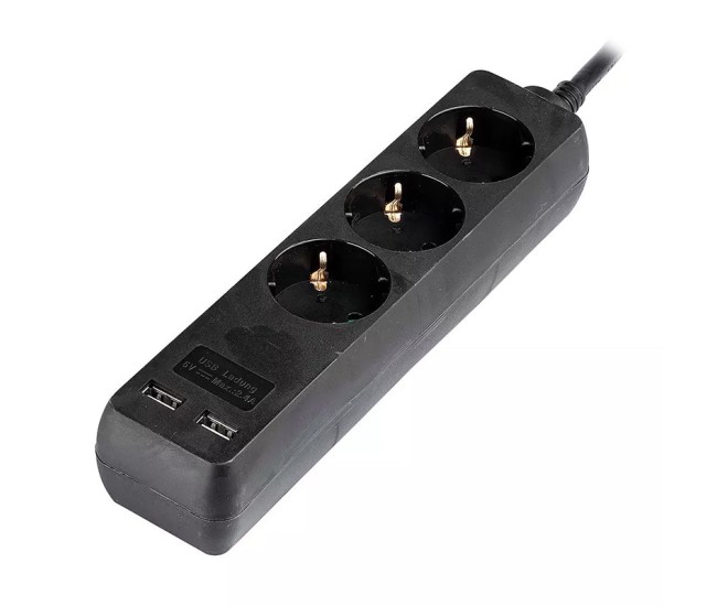 Prelungitor 3 cai + 2usb 1.5m(3g1.5mm2) negru Prelungitor 3 cai + 2usb 1.5m(3g1.5mm2) negru