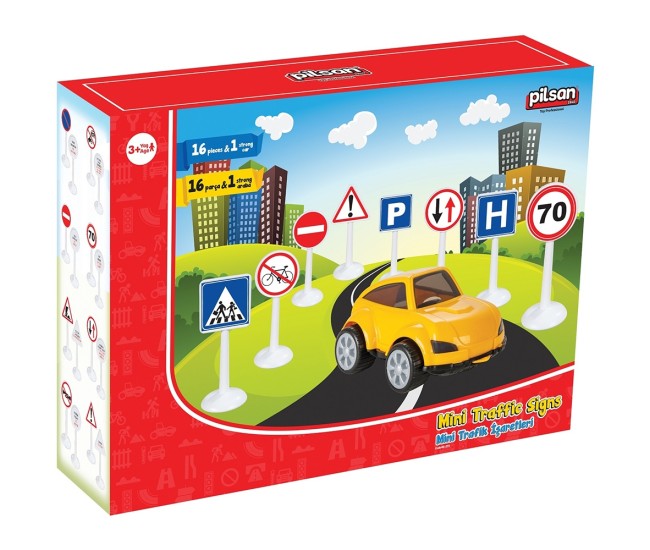 Set Pilsan Jucarie indicatoare rutiere Mini Traffic Signs cu masinuta