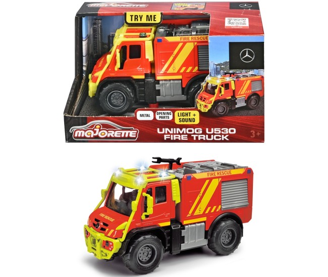 Masina de pompieri Majorette Mercedes Unimog U530 Fire Truck 13 cm cu lumini si sunete