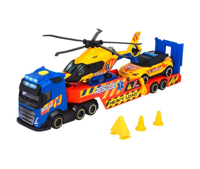 Set Dickie Toys Rescue Transporter 40 cm cu camion, masina, elicopter si accesorii