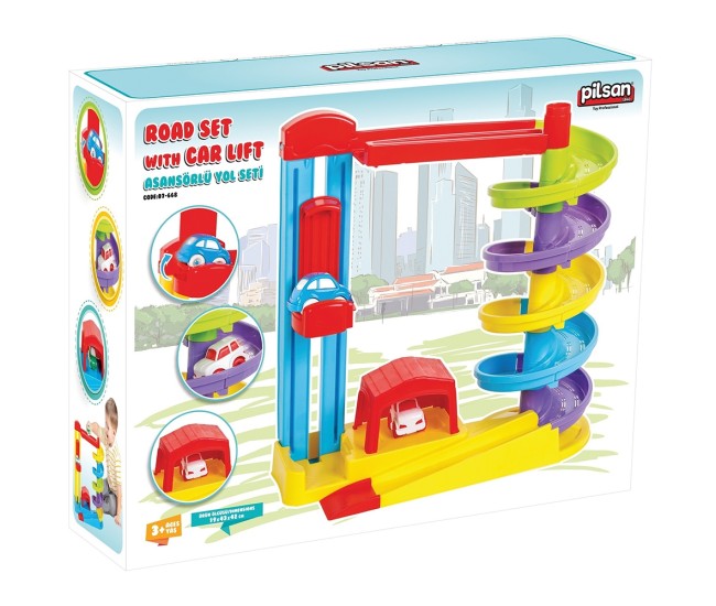 Pista de masini Pilsan Road Set with Car Lift albastru cu 2 masinute