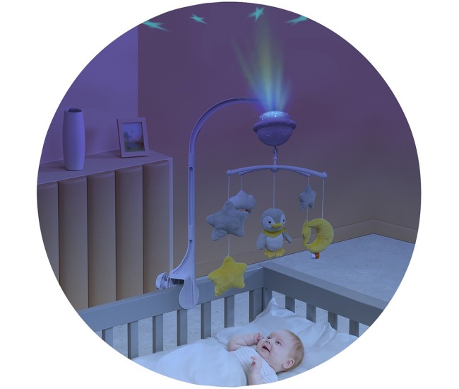 Carusel muzical pentru patut cu proiector Chipolino Penguin