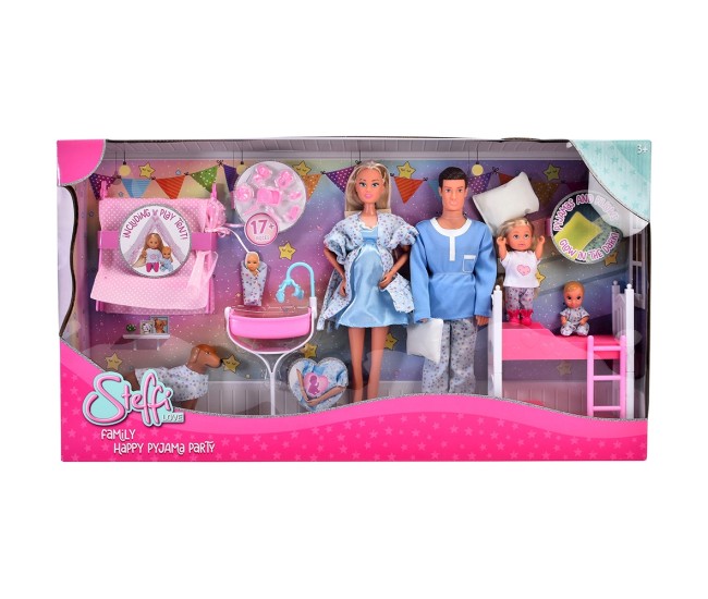 Set Simba Steffi Love Family Happy Pijamas Party 29 cm cu 4 papusi, 1 caine si accesorii