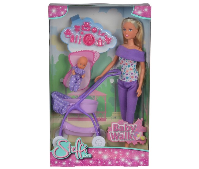 Papusa Simba Steffi Love Baby Walk 29 cm mov cu carucior si accesorii