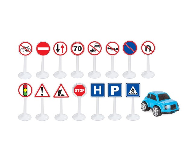Set Pilsan Jucarie indicatoare rutiere Mini Traffic Signs cu masinuta