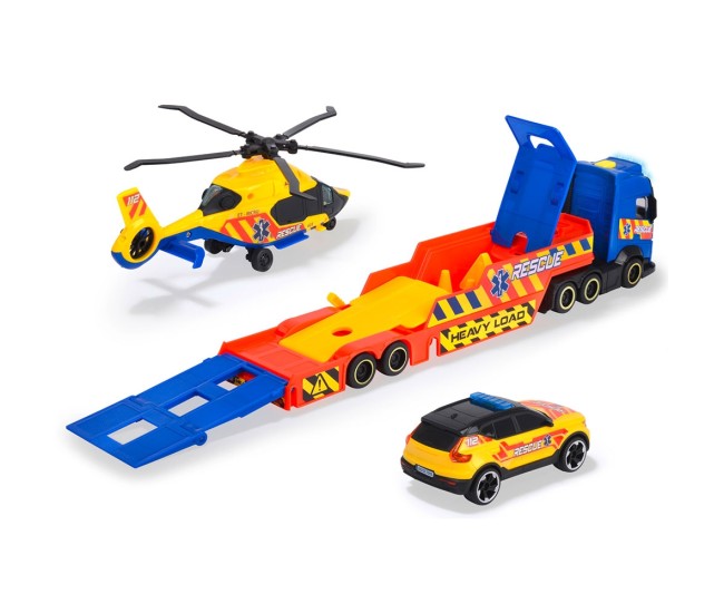 Set Dickie Toys Rescue Transporter 40 cm cu camion, masina, elicopter si accesorii