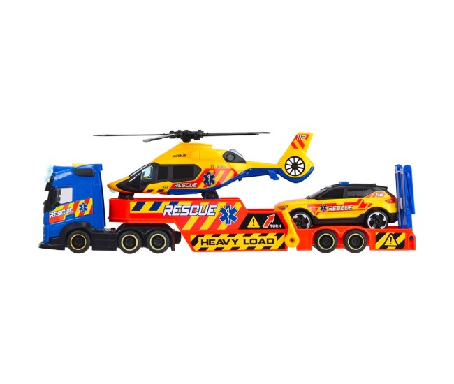 Set Dickie Toys Rescue Transporter 40 cm cu camion, masina, elicopter si accesorii