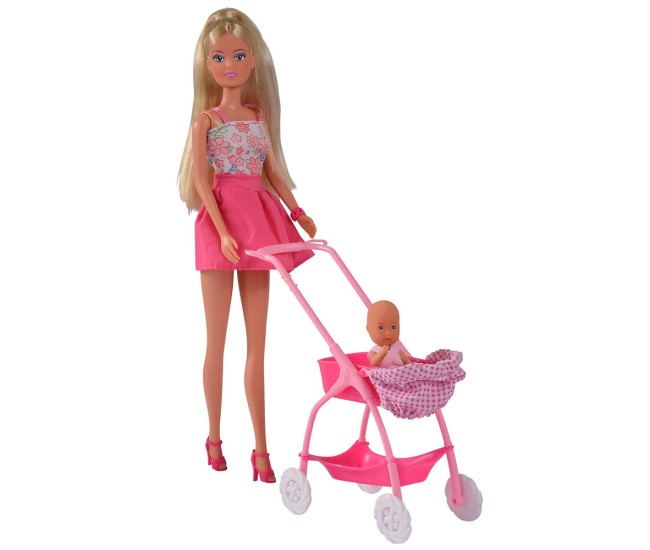 Papusa Simba Steffi Love Baby Walk 29 cm roz cu carucior si accesorii