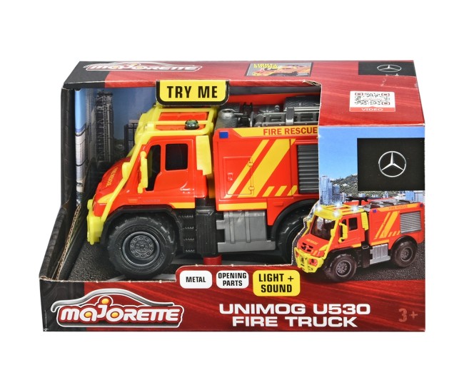 Masina de pompieri Majorette Mercedes Unimog U530 Fire Truck 13 cm cu lumini si sunete