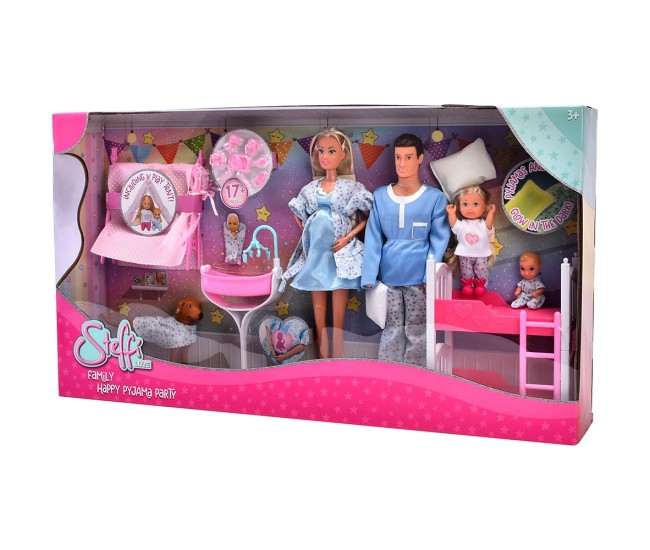 Set Simba Steffi Love Family Happy Pijamas Party 29 cm cu 4 papusi, 1 caine si accesorii