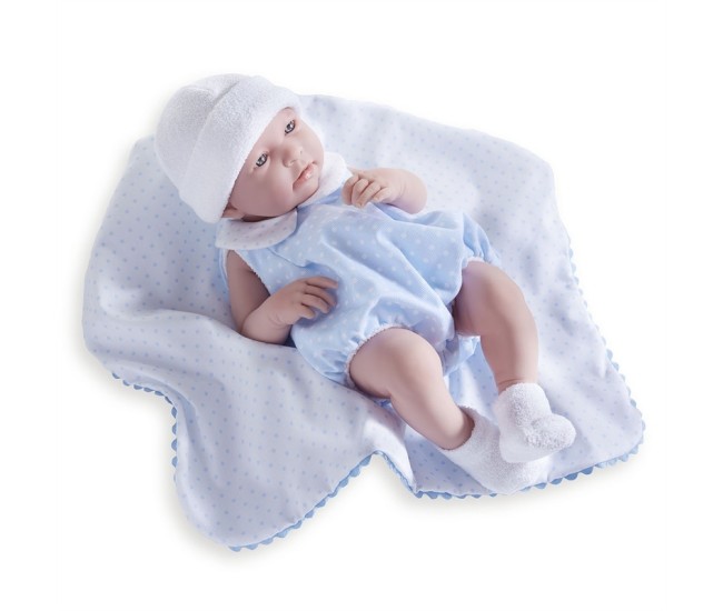 Jucarie Bebe baiat 43 cm costum vara bleu si paturica Jucarie Bebe baiat 43 cm costum vara bleu si paturica