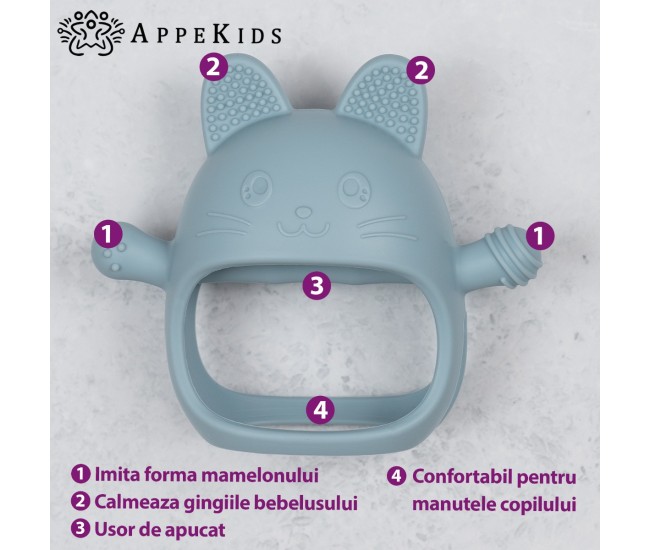 Jucarie pentru dentitie din silicon, appekids, manusa kitty - aqua blue Jucarie pentru dentitie din silicon, appekids, manusa kitty - aqua blue