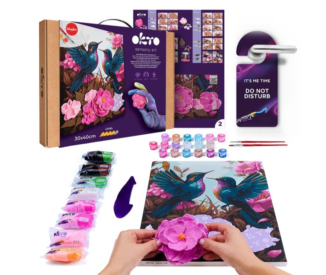 Set pictura si modelare 3d cu argila usoara, 30*40 cm - hummingbirds in love Set pictura si modelare 3d cu argila usoara, 30*40 cm - hummingbirds in love
