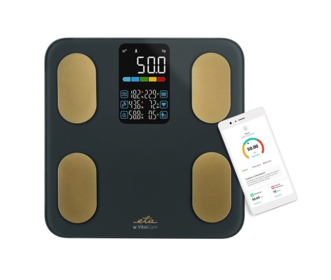 Cantar corporal SMART ETA Vital Gym 7779 90000, Bluetooth 5.4, analiza corporala 25 parametri, aplicatie ETA Body Balance, negru