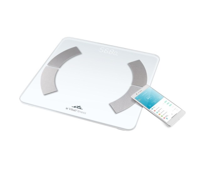Cantar de persoane ETA Vital Fitness 2779 90000, 180 kg, aplicatie ETA Smart, analiza 18 parametri corporali, alb