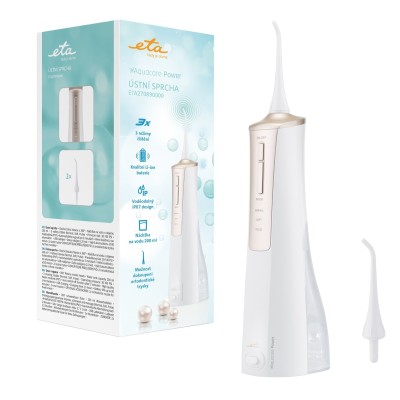 Irigator bucal ETA AquaCare Power 2708 90000, 3 moduri de curatare, rezervor 200 ml, IPX7, alb/auriu