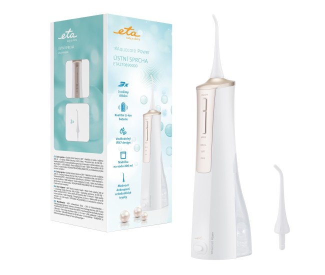 Irigator bucal ETA AquaCare Power 2708 90000, 3 moduri de curatare, rezervor 200 ml, IPX7, alb/auriu