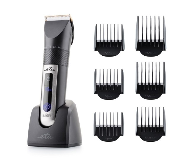 Masina de tuns fara fir ETA Marcus 9341 90000, Baterie Li-Ion 3.7 V, 6 piepteni, afisaj LED, negru