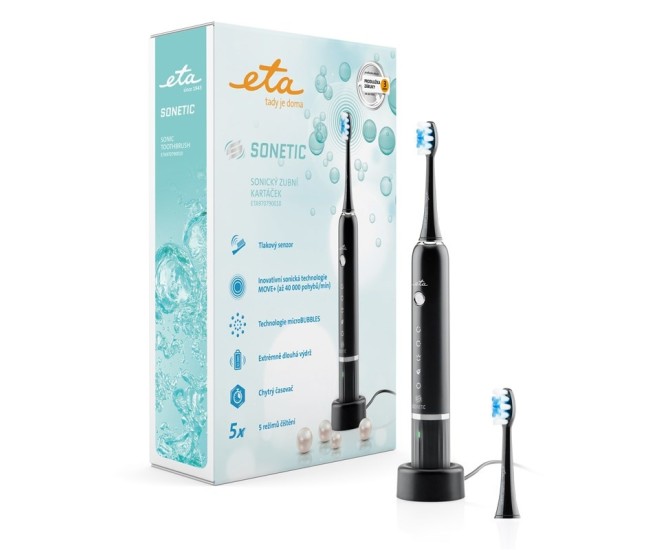 Periuta electrica sonica ETA Sonetic 9707 90010, senzor de presiune, baterie Li-ion 3.7 V, cronometru, negru