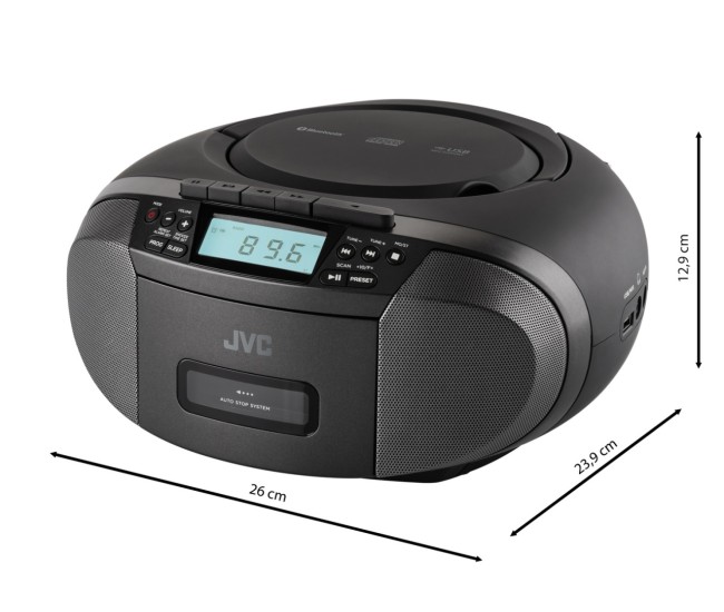 Radiocasetofon stereo cu CD JVC RC-E444B, 4W RMS, Bluetooth, USB, afisaj LCD, ceas, negru Radiocasetofon stereo cu CD JVC RC-E444B, 4W RMS, Bluetooth, USB, afisaj LCD, ceas, negru