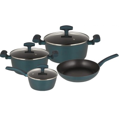 Set vase de gatit Michelino, 7 piese, aluminiu forjat, acoperire antiaderenta, turcoaz