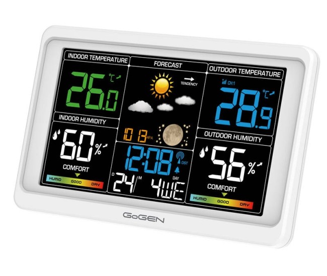 Statie meteo interior-exterior GoGEN ME 3350, senzor extern fara fir, LCD color, alb