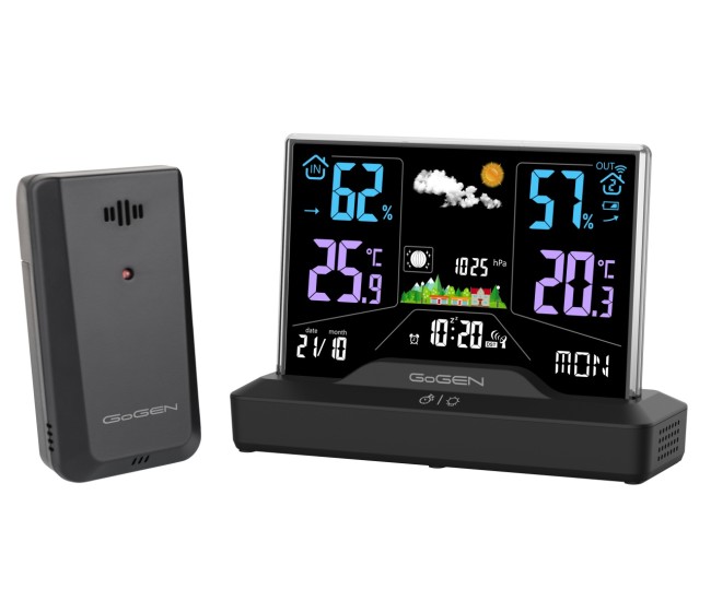 Statie meteo interior-exterior GoGEN ME2000, prognoza animata, LCD color, senzor temperatura, negru