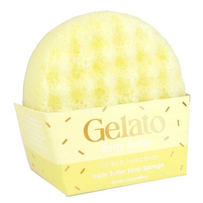 Burete de baie infuzat cu unt de corp si uleiuri esentiale Vanilla & Tonka Gelato Body Buffer  200g, Bomb Cosmetics
