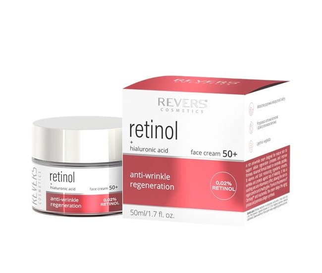 Crema de fata cu retinol 0.02% + acid hialuronic, Regenerare intensa si fermitate pentru pielea matura, Revers, 50+, 50 ml Crema de fata cu retinol 0.02% + acid hialuronic, Regenerare intensa si fermitate pentru pielea matura, Revers, 50+, 50 ml