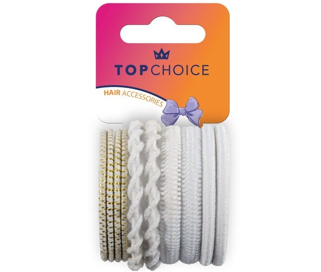Set 10 bucati Elastic de par Top Choice 22449, alb cu insertii aurii