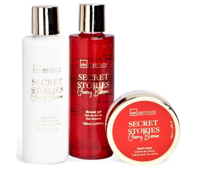 Set gel dus, lotiune corp si crema maini Secret Stories Cherry Blosom Shoe, IDC Institute 44019, 410 ml Set gel dus, lotiune corp si crema maini Secret Stories Cherry Blosom Shoe, IDC Institute 44019, 410 ml