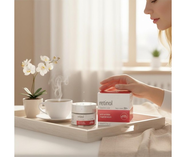 Crema de fata cu retinol 0.02% + acid hialuronic, Regenerare intensa si fermitate pentru pielea matura, Revers, 50+, 50 ml Crema de fata cu retinol 0.02% + acid hialuronic, Regenerare intensa si fermitate pentru pielea matura, Revers, 50+, 50 ml