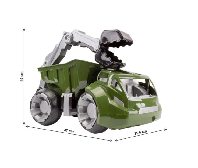 Masinuta utilaj mega basculanta, Technok, cu brat mobil, cu cupa, verde militar Masinuta utilaj mega basculanta, Technok, cu brat mobil, cu cupa, verde militar