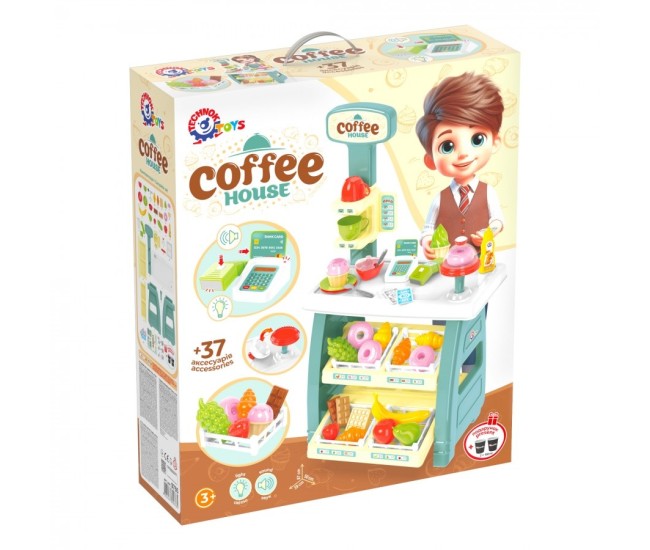 Tejghea de vanzari cafenea, Technok, cu efecte sonore si accesorii, casa de marcat, cititor de card, prajituri si fructe Tejghea de vanzari cafenea, Technok, cu efecte sonore si accesorii, casa de marcat, cititor de card, prajituri si fructe
