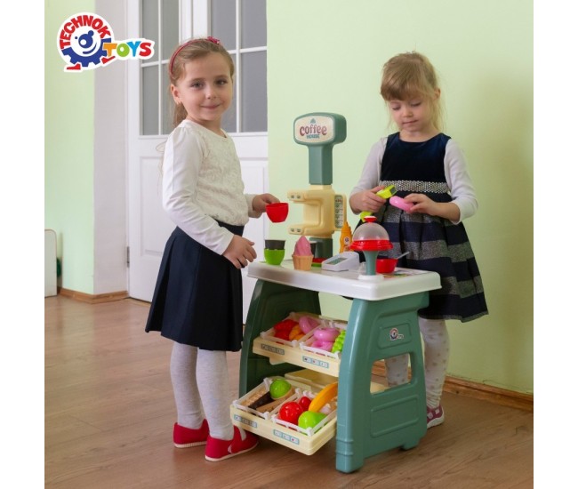 Tejghea de vanzari cafenea, Technok, cu efecte sonore si accesorii, casa de marcat, cititor de card, prajituri si fructe Tejghea de vanzari cafenea, Technok, cu efecte sonore si accesorii, casa de marcat, cititor de card, prajituri si fructe