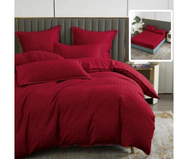 Lenjerie de pat natur uni stripe 6 piese cu husa (rosu)