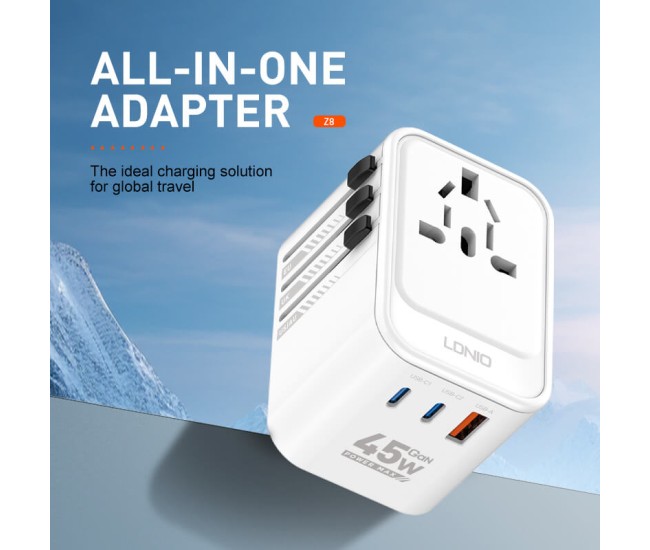 Adaptor priza international GaN LDNIO Z8, 1XUSB, 2XUSB-C, Incarcare rapida, 45W Adaptor priza international GaN LDNIO Z8, 1XUSB, 2XUSB-C, Incarcare rapida, 45W