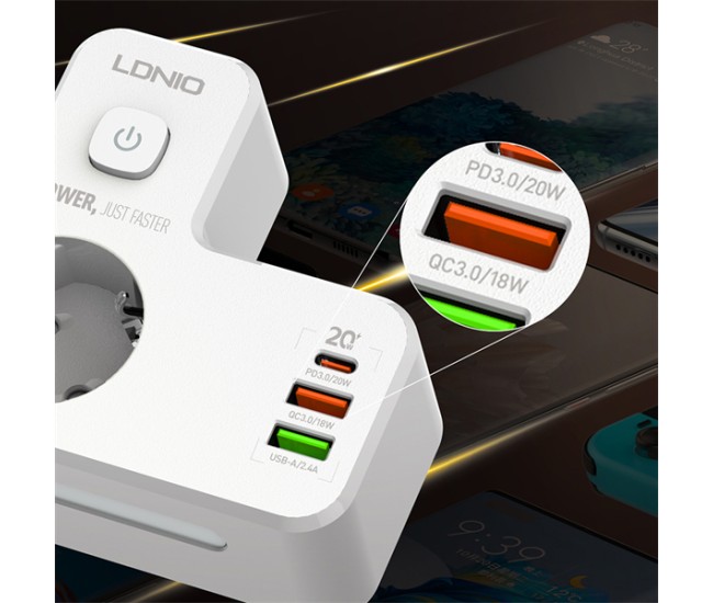 Adaptor priza LDNIO SE2337, 2 prize, 2 X USB-A, 1X USB-C, incarcare rapida QC 3.0, 10A Adaptor priza LDNIO SE2337, 2 prize, 2 X USB-A, 1X USB-C, incarcare rapida QC 3.0, 10A
