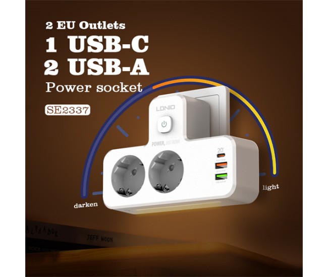 Adaptor priza LDNIO SE2337, 2 prize, 2 X USB-A, 1X USB-C, incarcare rapida QC 3.0, 10A Adaptor priza LDNIO SE2337, 2 prize, 2 X USB-A, 1X USB-C, incarcare rapida QC 3.0, 10A