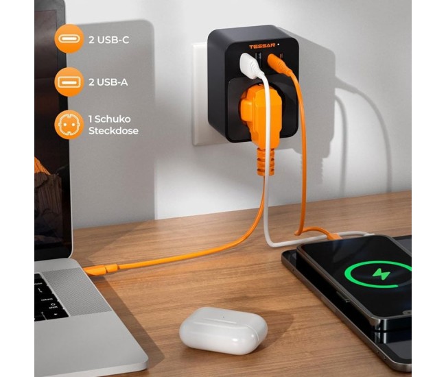 Adaptor Tessan TS-FW01DE00, 2XUSB-C, 2XUSB A, 30 W, 16A