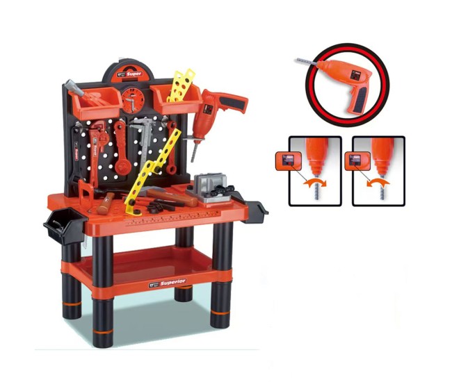 Banc de lucru jucarie Rovo 57008, masina de gaurit electrica, unelte si accesorii, 52 piese Banc de lucru jucarie Rovo 57008, masina de gaurit electrica, unelte si accesorii, 52 piese