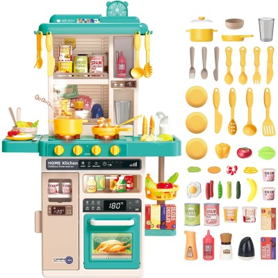 Bucatarie copii, Rovo 277, aragaz de jucarie, chiuveta cu circuit de apa, aragaz aburi, sunete, lumini, frigider, cuptor, fructe, legume, multiple accesorii, 50 de piese