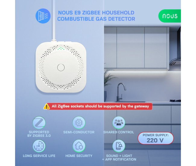 Detector scurgeri de gaz Smart Nous E9, Zigbee 3.0, compatibil Alexa Google Assistant