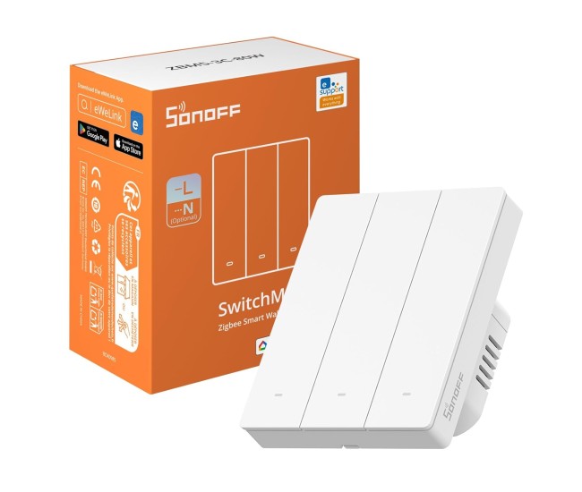 Intrerupator inteligent Sonoff ZBM5-3C-80W, Zigbee, 3 canale, 10A Intrerupator inteligent Sonoff ZBM5-3C-80W, Zigbee, 3 canale, 10A