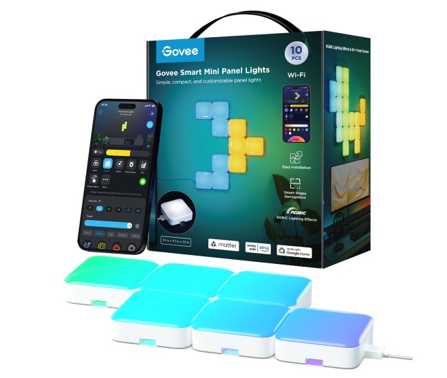 Kit panouri mici luminoase LED Govee H8069, RGBIC, Wi-Fi + Bluetooth, 10 panouri, Alexa , Google Asistant, Matter Kit panouri mici luminoase LED Govee H8069, RGBIC, Wi-Fi + Bluetooth, 10 panouri, Alexa , Google Asistant, Matter