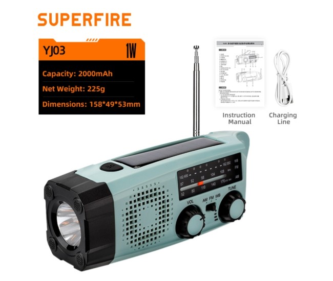 Lanterna LED Multifunctionala cu radio Supfire YJ01, incarcare solara sau manuala (dinam), power bank, 100lm, 2000mAh, incarcare usb-c